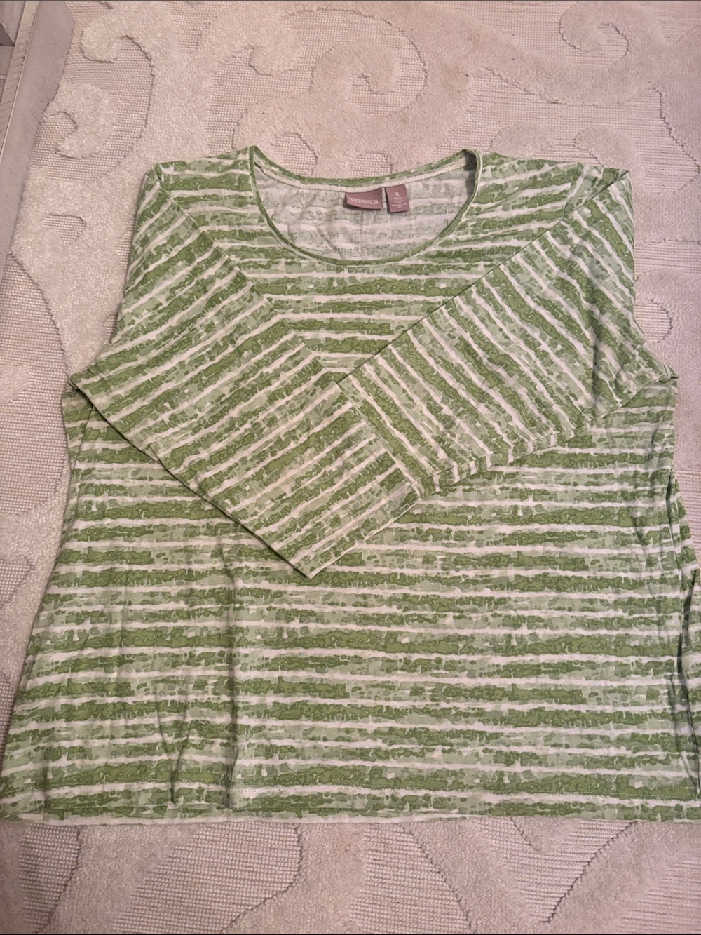 Chico's Green and White Striped Long Sleeve Top